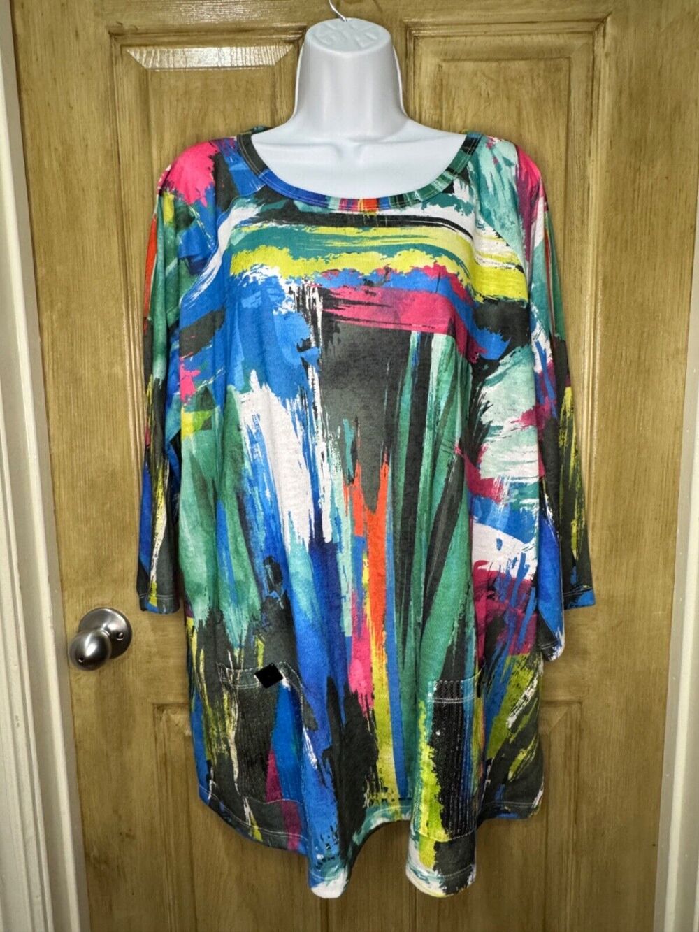 Ali Miles 2X Top Shirt Geometric Striped Print 3/4 Sleeve Sleeve Artsy